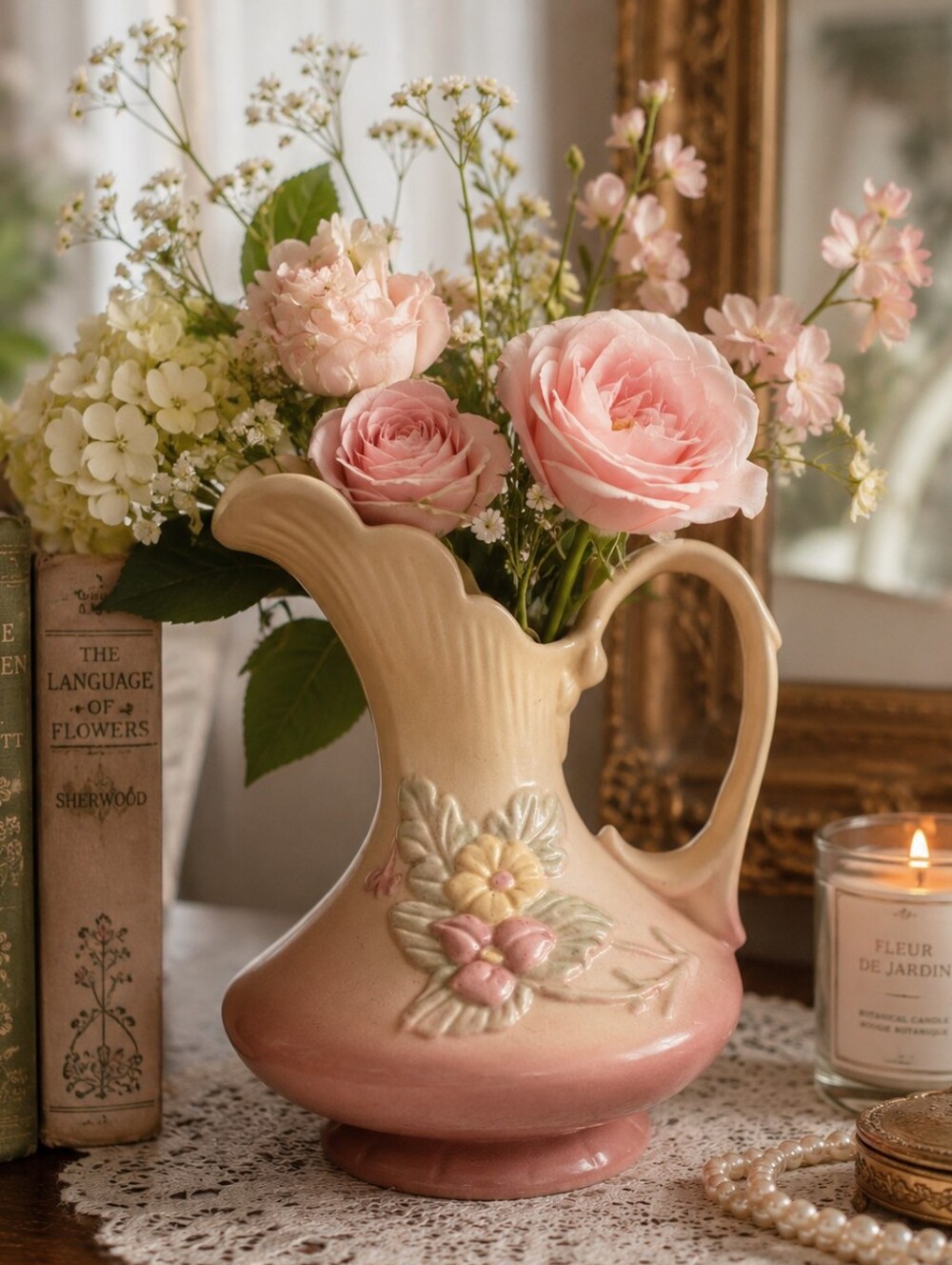 Hull Art Pottery Matte Pink Floral Vase/ Pitcher Vintage USA